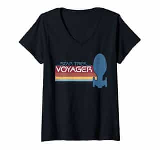 Womens Star Trek Voyager Retro Rainbow Stripe V-Neck T-Shirt